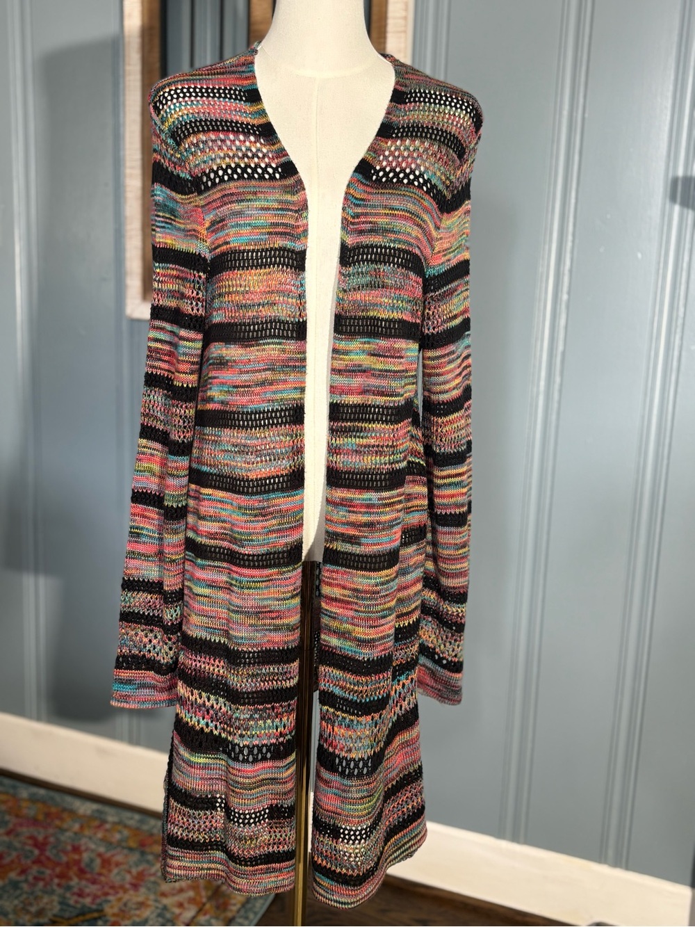 EUC Dopamine Rave Women's XL Multicolor Black Striped Open Front Knit Cardigan